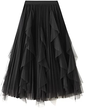 SotRong Tüllrock Damen Karneval Asymmetrisch Midirock Elastisch Hohe Taille Stufendecke Sommerrock Mesh Ballett Hochzeit Party Abschlussball A-Linie Faltenrock Schwarz
