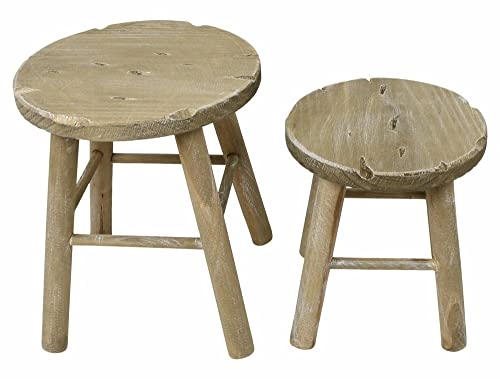 FRANK FLECHTWAREN Holzhocker Rund, 2er Set, rustikales Design, Pinienholz mit dezentem Antikfinish, Maße: Ø 25 x 28 cm, Ø 30 x 34 cm