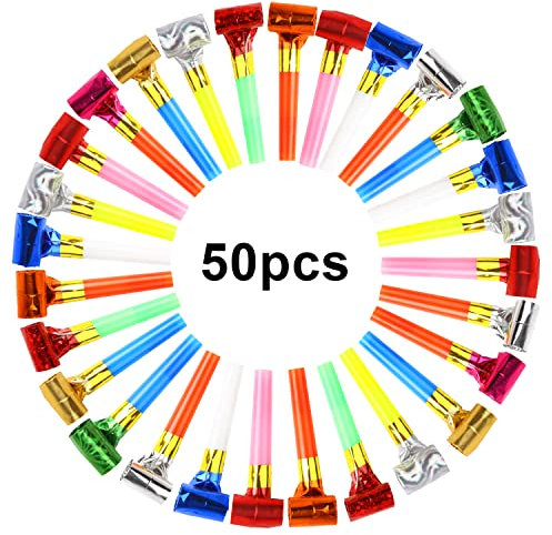 VEYLIN 50Pcs Party Blowers for Party Bags Fillers for Kids, Colourful Party Blowers, Durable Paper & Plastic Mouthpieces Noise Makers for Birthday, New Year,Party, Wedding, Kids’ Celebrations