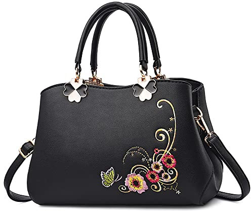 DORRISO Damen Handtasche Mode Stickdesign Schultertasche Umhängetasche Casual Reise Handtasche Frauen PU Leder Top Griff Tasche Schwarz