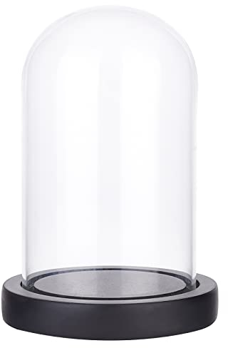 NBEADS Glasglocke mit Holzboden, 16,5 cm Hoch Transparente Glasbox Dome Cloche Glas Display halbrund Klare Dekorative Vitrine mit schwarz Tablett für Valentinstag Ewige Rose Lichterketten quitäten