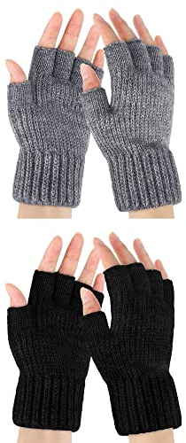 SATINIOR 2 Paar Winter Fingerlose Handschuhe Thermo Halbfinger Strickhandschuhe für Herren Outdoor (Schwarz, Hellgrau)