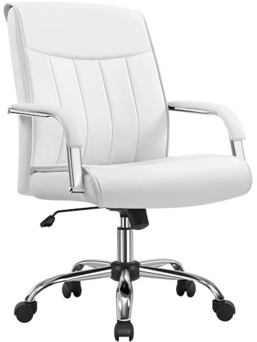 Yaheetech Ergonomischer Bürostuhl aus Kunstleder, gepolsterter Bürostuhl, neigbar, Sitzhöhe verstellbar, Belastung 136 kg, Weiß
