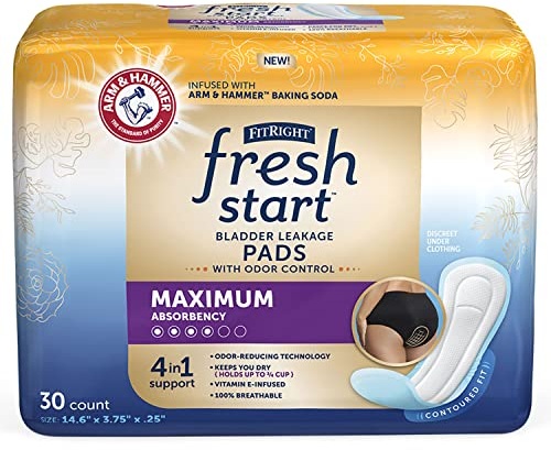 FitRight Fresh Start Postpartum and Incontinence Pads for Women, Maximum Absorbency (30 Count) Bladder Leakage Pads with The Odor-Control Power of ARM & Hammer (30 Count, Pack of 1)