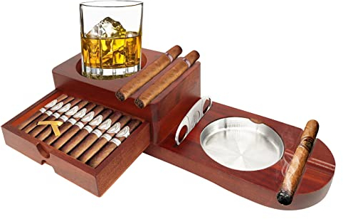 Posacenere per sigari, sottobicchiere, vassoio in vetro e posacenere in legno con tagliasigari, include cassetto e fessura per contenere sigari, set di accessori regalo per uomini, papà, ottima