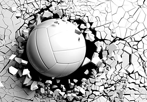 wandmotiv24 Fototapete 3D Optik Ball Wanddurchbruch, 200 x 140cm - selbstklebende Strukturtapete, Wanddeko, Wandbild, Wandtapete, Volleyball Wand Steine Beton M6700