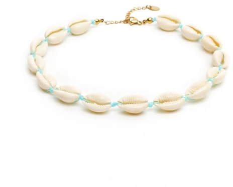 BERGERLIN Muschelkette für Damen und Herren - Mit vergoldetem Verschluss und Echtheitszertifizierung - Muschel Halskette, Muschel Choker (XS-S, Blau)