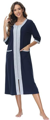 rismart Femme Manche 3/4 Fermeture éclair Robe Pyjama Décontracté Col V Chemise de Nuit Manteau de Maison Bleu Marine,XXL