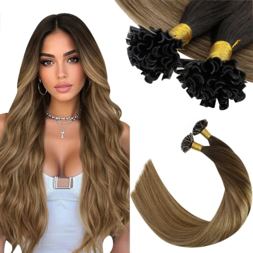 Ugeat Bonding Extensions Echthaar Braun Ombre 40 cm 40G 50S U Tip #4/10/16 | Echthaar Extensions Keratin Bonding, Balayage Dunkelbraun bis Goldbraun mit Goldblond, Utip Extension, weicher Fall