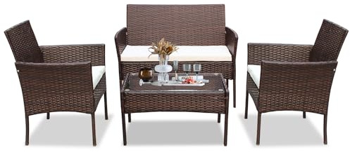 Yakimz Polyrattan Sitzgruppe Balkonmöbel 7-teilige Gartenmöbel Set, Terrassenmöbel für 4 Personen, inkl. Sitzpolster und Tisch, für Outdoor Terrasse Garten, Braun