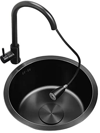 Organizador de Fregadero de Cocina Fregadero de Barra Redonda Negro Fregadero Redondo de Acero Inoxidable Grifo extraíble Negro Fregadero bajo encimera Accesorios incluidos (36 cm)