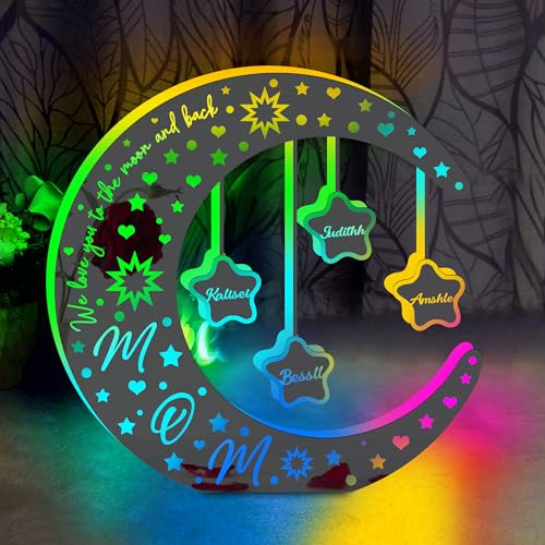 Personalisierte LED-Spiegel-Mond-Lampe, benutzerdefinierte beleuchtete Spiegel-Mond- und Sternlichter mit Familien-Kindernamen, Acryl-Nachtlicht, Muttertags-Geburtstagsgeschenke für Mutter von Tochter