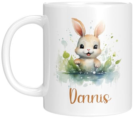 LIEBTASTISCH - Tasse mit Tieren - Personalisiert mit Wunschnamen - Kindertasse für Junge & Mädchen - Tiermotiv - Weiss (Hase)