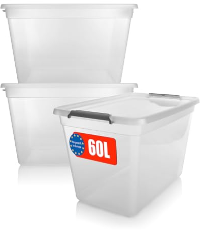 BigDean 3 Stück 60 L Aufbewahrungsbox mit Deckel transparent BPA- frei – stapelbare robuste Aufbewahrungsbox – Aufbewahrungsboxen mit Klickverschluss