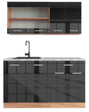 Vicco Singleküche R-Line, Anthrazit Hochglanz/Goldkraft Eiche, 140 cm, AP Marmor
