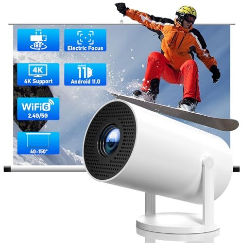 Proiettore 4k Supporta, 720P Nativo Mini Proiettore Portatile with Android 11.0 OS, Auto Correzione Trapezoidale, 180° Rotabile Videoproiettore Supporta Wifi6 BT5.0, 150 Proiettore per Phone/PC/Stick