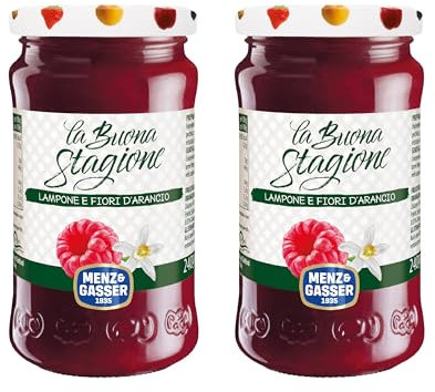 Menz&Gasser, Spalmabile di Lamponi e Fiori d'Arancio La Buona Stagione, 100% Frutta IQF di Alta Qualità, Lavorata con Passione in Trentino-Südtirol, Senza Glutine, Vegan, 2 Vasi x 240 g