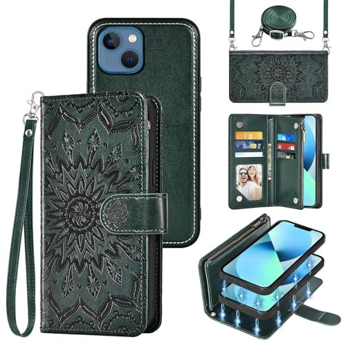 Phone Case for iPhone 13 6.1 inch Zipper Wallet Magnetic Detachable Cell Cover with Screen Protector Crossbody Lanyard Strap Flip Card Holder Slot iPhone13 5G i i-Phone i13 iPhone13case Men Dark Green