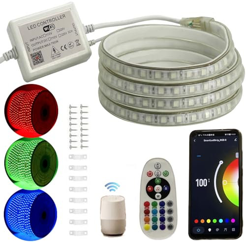 FOLGEMIR 12m RGB LED Streifen, WIFI kontrolliert LED Strip, Dimmbare Lichterkette mit 220V Trafo & IR Fernbedienung, 5050 SMD 60 LEDs/m, Wasserdicht IP65, Kompatibel mit Tuya APP