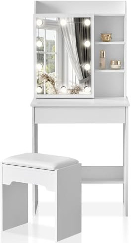 ZBAOLTO Weißer Schminktisch mit LED-Beleuchtung & Hocker, Verstellbarer Spiegel, 1 Schublade, Kleiner Schminktisc, Platzsparend 60x40x135cm, Kosmetiktisch Holz für Schlafzimmer