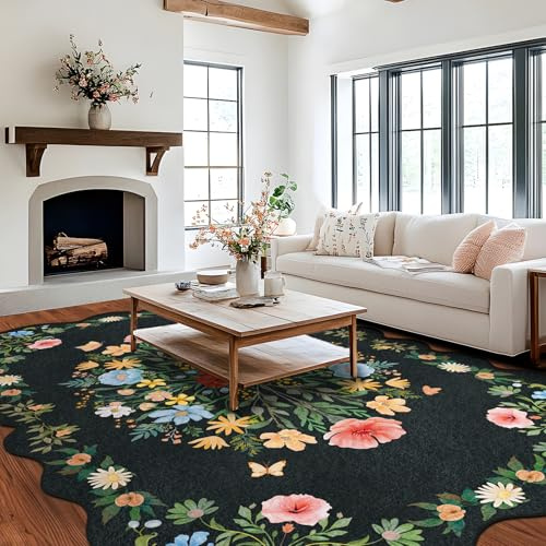 GthreeD Waschbarer Boho Teppich 160x230 cm - Großer Kurzflor Wohnzimmer Teppich - Orientalischer Vintage Design, Weich, rutschfest für Schlafzimmer, Esszimmer, Küchen,Gewellter Rand Blumen-Schwarz