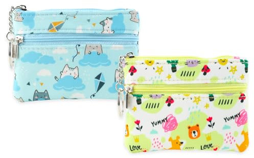LdawyDE Porte Monnaie, Lot de 2 Sacs à Monnaie pour Enfants et Femmes avec Anneau Porte-Clés, Petite Pochette Zippée pour Pièces, Cartes et Petits Objets, Design Mignon pour Femmes et Enfants