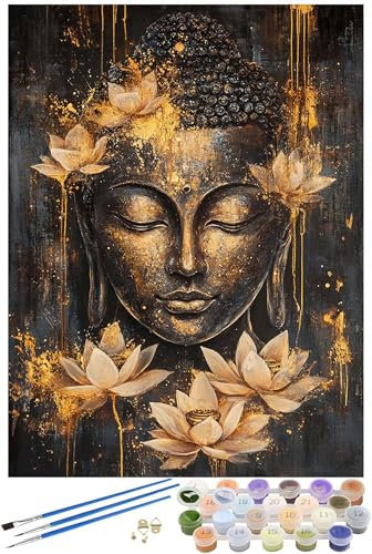 Peinture Numero Adulte Bouddha, lotus Peinture par Numero Adulte avec Cadre 40x50cm, 5D DIY Paint by Numbers avec 3 Pinceaux et Peintures Acryliques, Decoration Chambre Maison, Cadeau Femme -4894