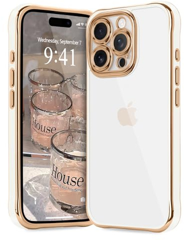 LAPOPNUT Case for iPhone 14 Pro Max, Clear Hard Back Cover, White | Camera Protection,Acrylic TPU Bumper,Raised Corner Air Cushion Shockproof Protective,Luxury Plated Metallic Gold Edge Design