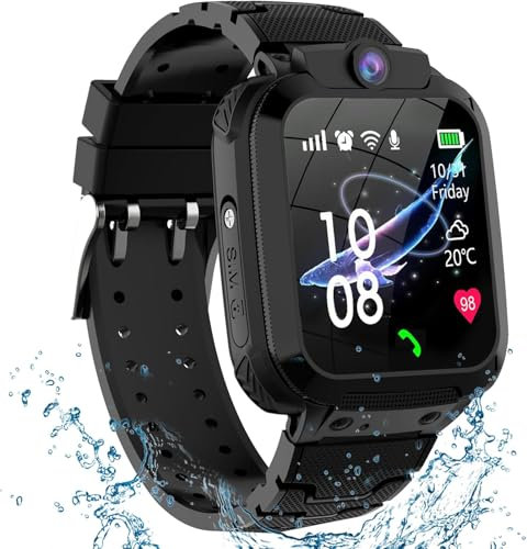 IP68 Montre Connectée Enfant,Montre GPS Enfant Garçons Filles avec Appel Bidirectionnel,SOS Voice Chat Téléphone Caméra Jeux Mode Classe, Montre Intelligente Enfants Cadeau pour 4-12 Ans (Noir-GPS)