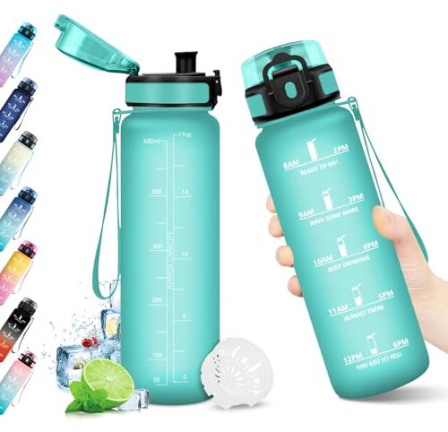 Gourde Sport 500ml, Gourde sans BPA, Bouteille Réutilisable, Gourde avec Filtre et Marqueur de Temps, Bouteille Sport Étanche, Bouteille d'eau pour Enfant, Bureau, Fitness, Randonnée, Yoga, Camping