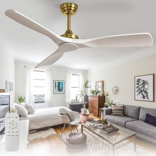 Depuley Ventilador de techo sin luz: Ventilador de exterior de 52 pulgadas con control remoto por aplicación para porches y terrazas - Ventilador de techo blanco dorado sin luz para interiores