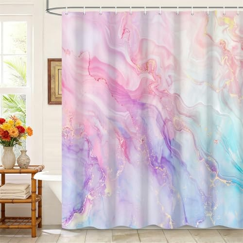 Kzzfqxb Rideau de douche 183x183cm avec crochets en plastique, motif art moderne marbre rose violet aquarelle fumée qui coule, étanche occlu pour baignoire, décoration en romantique pour salle de bain