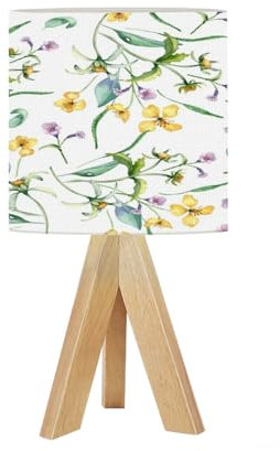DERUINVAIO Bedside Table Lamp Tripod Desk Lamps for Living Room Bedroom Yellow Blue Meadow Wild Flowers Watercolor Wooden Base Lampshade for Kids Room Small Light for Reading Nightstand Shades