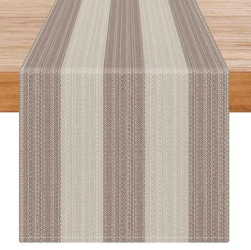 Avalune Tischläufer Modern Beige Braun Streifen Herbst Landhausstil Vintage Leinenoptik Schmal Kurz Läufer Tisch Abwaschbar Outdoor Frühling Tischdeko für Esstisch Party Drinnen Urlaub Deko 40x180 cm