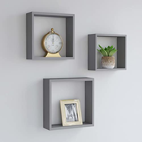 Youuihom Schwebendes Wandregal Set 3 Stück Grau MDF Unsichtbares Montagesystem Regalwürfel für Bücher Deko Wohnzimmer Bad