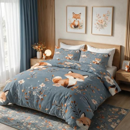 Generisch 135x200 Bettwäsche Fuchs Bettbezug - 2tlg, 1 Kissenbezug 80x80, Süß Tiere Muster, Schlafzimmer Deko, Weiche Mikrofaser Wendebettwäsche mit Reißverschluss - HOC571