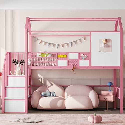 Soweiz Metall-Hochbett 90x200cm mit Dachkonstruktion und Stauraumtreppe, Stabil und langlebig, Kinderbett Jungen und Mädchenbett, Rosa