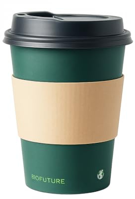 BIOFUTURE Disposable Coffee Cups 50 x 12oz – Compostable Paper Cups with Black Lids and Sleeves, Eco-Friendly & Biodegradable, Ideal for Hot Drinks, Takeaway or Travel, EN 13432 Certified (Green)