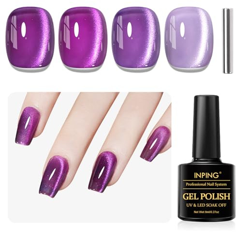 INPING UV Cat Eye Gel Polish, Purple Crystal 4 Colors Magnetic Set 8ML | Jelly Glass Crystal Nail Varnish Holographic Glitter Magnetic Gel Polish, for Nail Art Salon DIY