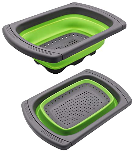 CCUCKY 3.8L Scolapasta Pieghevole per Lavandino della Cucina,Maniglie Allungabile Economia di Spazio, Drenante Rapida,Lavabile in Lavastoviglie,Adatto per Gran Parte delle Dimensioni Lavello (Verde)
