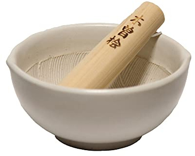 Suribachi & Surikogi Mörser und Stößel, 12 cm, für Rechts- und Linkshänder, elfenbeinfarben, authentische Mino-Ware Keramik