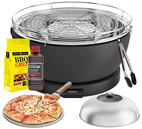YesEatIs by FEUERDESIGN - VESUVIO Grill ANTHRACITE - Kit with IGNITION GEL + CHARCOAL 3 Kg + Barbecue Tongs + Pizza Stone + Stainless Steel-Glass Hood