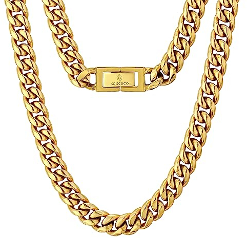 KRKC&CO 10mm Panzerkette 18K Gold plattiert Cuban Link Chains Edelstahl Panzerkette Halskette Miami kubanische Gliederkette für Herren Goldene Halskette Hip Hop Halskette für Männer Jungen Größe 51cm