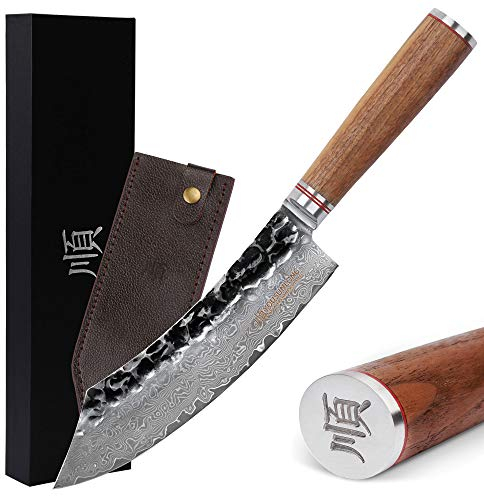 YOUSUNLONG Couteaux de boucher 20,3cm couteaux de rupture japonais martelé Damas acier naturel noyer manche en bois avec étui en cuir