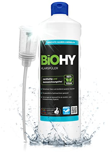 BiOHY Klarspüler (1l Flasche) + Dosierer | Bio Geschirrspülmittel | ideal für alle Spülmaschinen | EXTRA STARKER Fettlöser für Gastronomie & Haushalt | frischer Glanz auf Glas & Geschirr