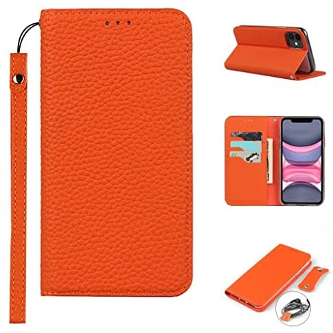 Copmob iPhone 11 Case,Genuine Leather Flip Wallet Case,[3 Card Holders][Magnetic][RFID-Blocking],Protective Phone Case Cover for iPhone 11 - Orange