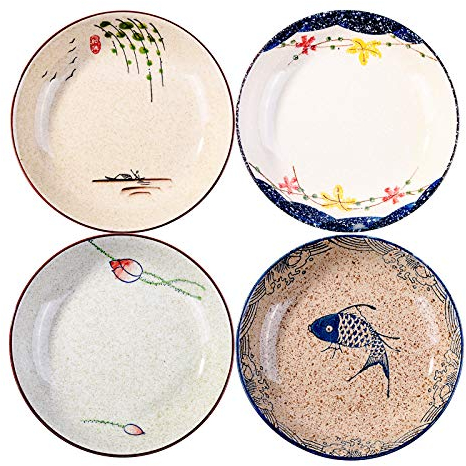 Whitenesser Lot de 4 assiettes japonaises rétro en porcelaine - 20,3 cm - Passe au micro-ondes