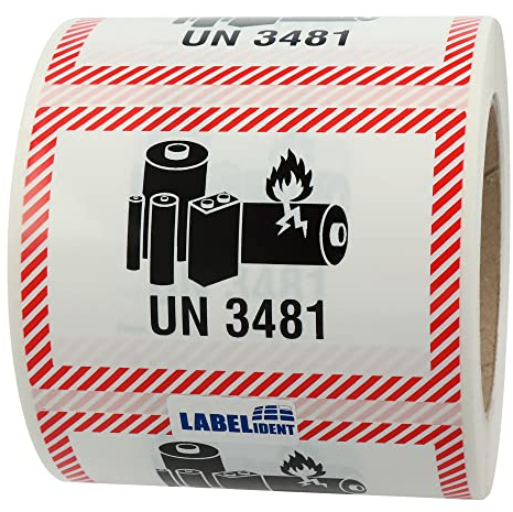 Transportaufkleber - Lithium-Ionen-Batterien in Ausrüstungen oder mit Ausrüstungen verpackt, UN 3481-100 x 70 mm - 500 Batterie Aufkleber auf 1 Rolle(n), Akku Etiketten