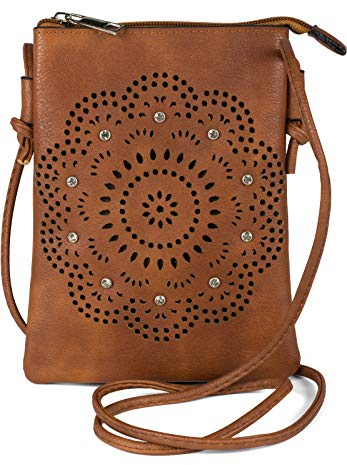 styleBREAKER Damen Mini Bag Umhängetasche mit Blumen Lasercut Cutout Muster und Strass, Schultertasche, Handtasche 02012367, Farbe:Cognac