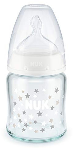 NUK First Choice+ Glas-Babyflasche mit Temperature Control, kiefergerechter Trinksauger, 120ml, 0-6 Monate, weiß